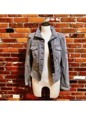 White House Black Market Grey Military Style Denim Moto Jacket Size 2